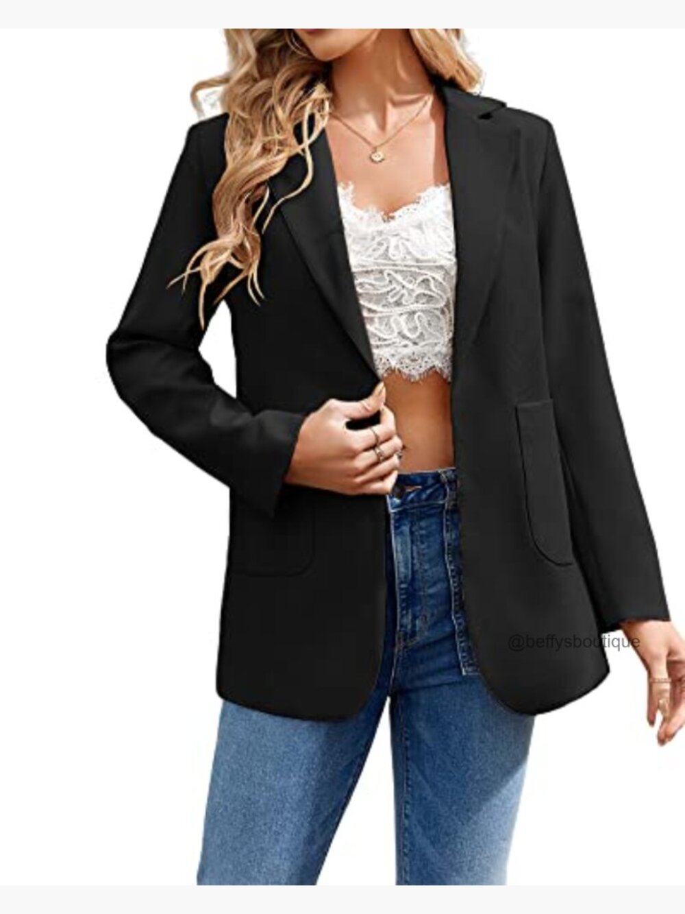 Women's Open Front Long Sleeve Lapel Collar Blazer Jacket - Picture 3 of 5